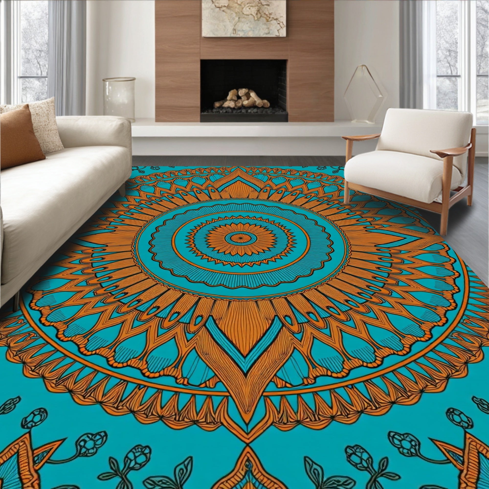 Teal Orange Medallion Folk Art Rug