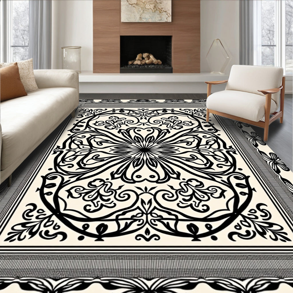 Black Ivory Floral Mandala Border Rug