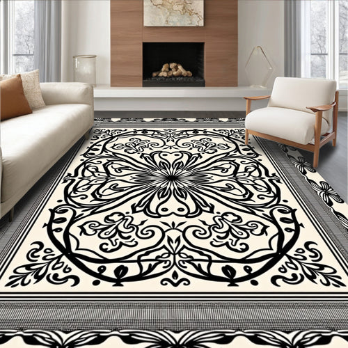 Black Ivory Floral Mandala Border Rug