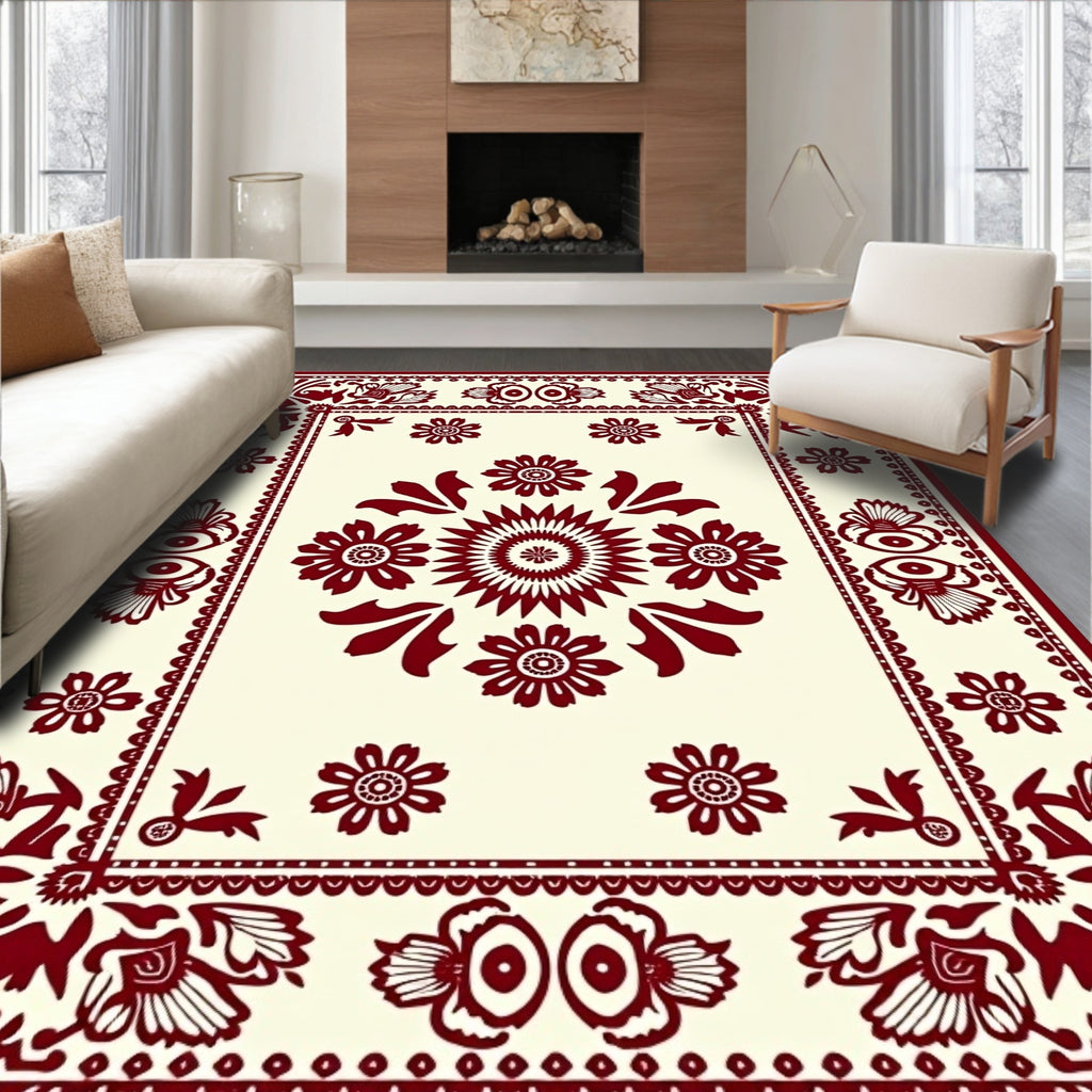 Crimson Botanical Border With Blooms Rug
