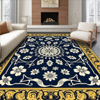 Navy Floral Medallion Border Rug