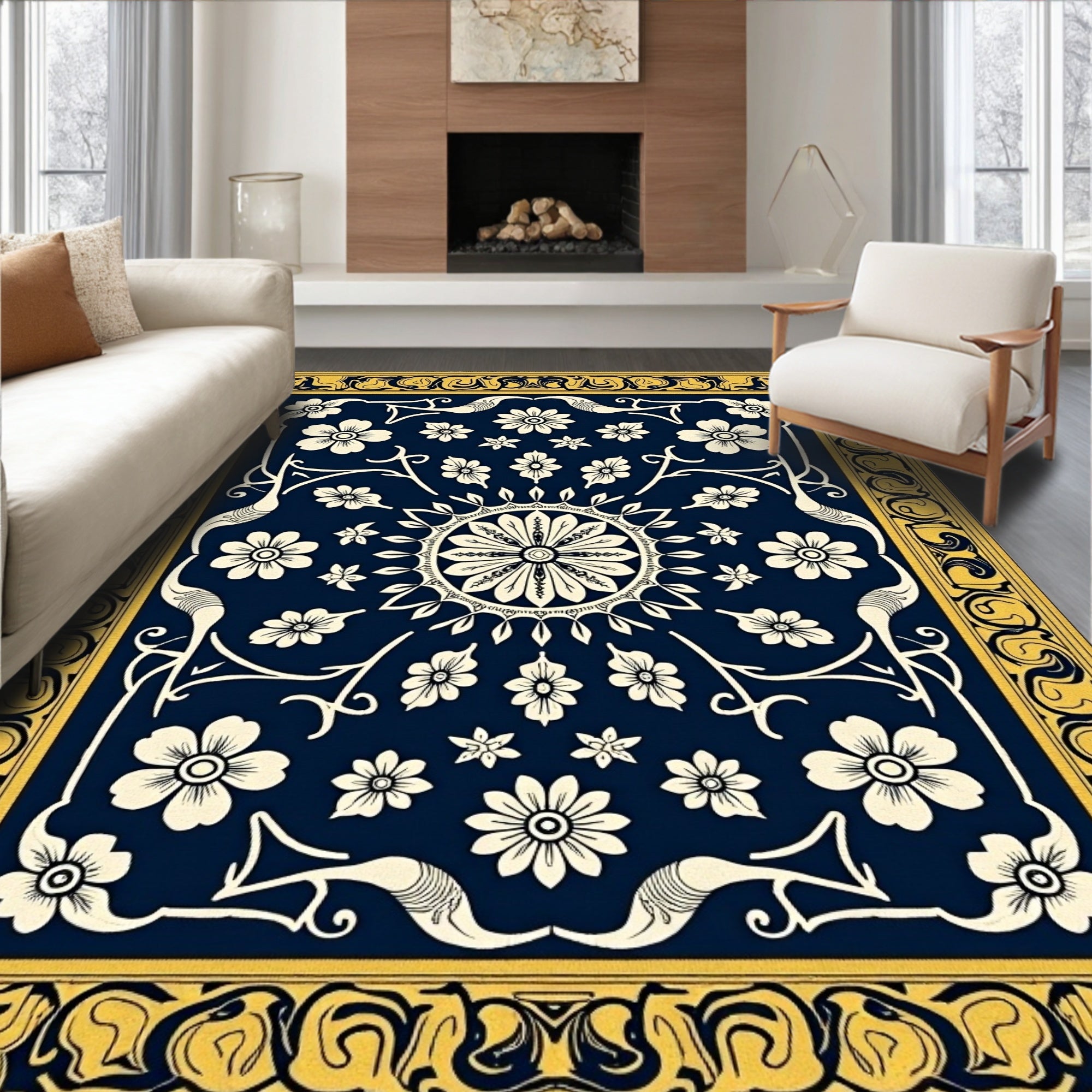 Navy Floral Medallion Border Rug
