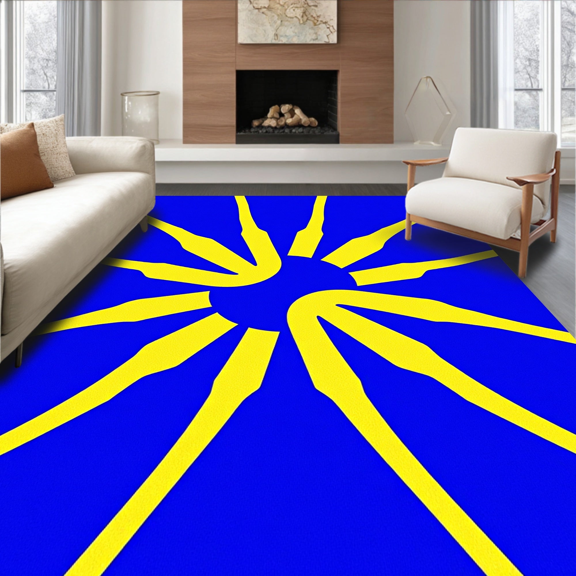 Bold Yellow Sunburst Blue Rug