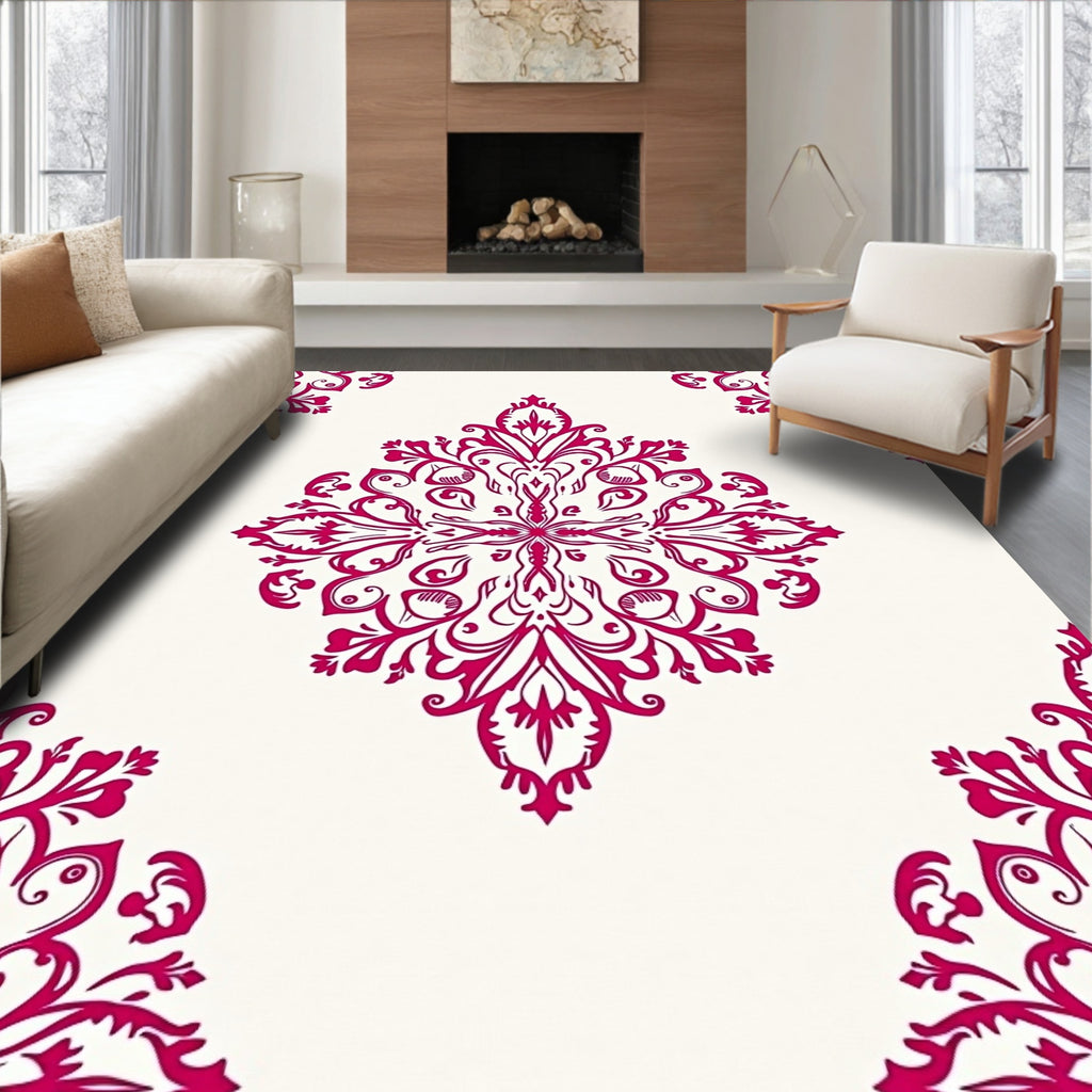 Crimson Floral Medallion on White Ground Rug