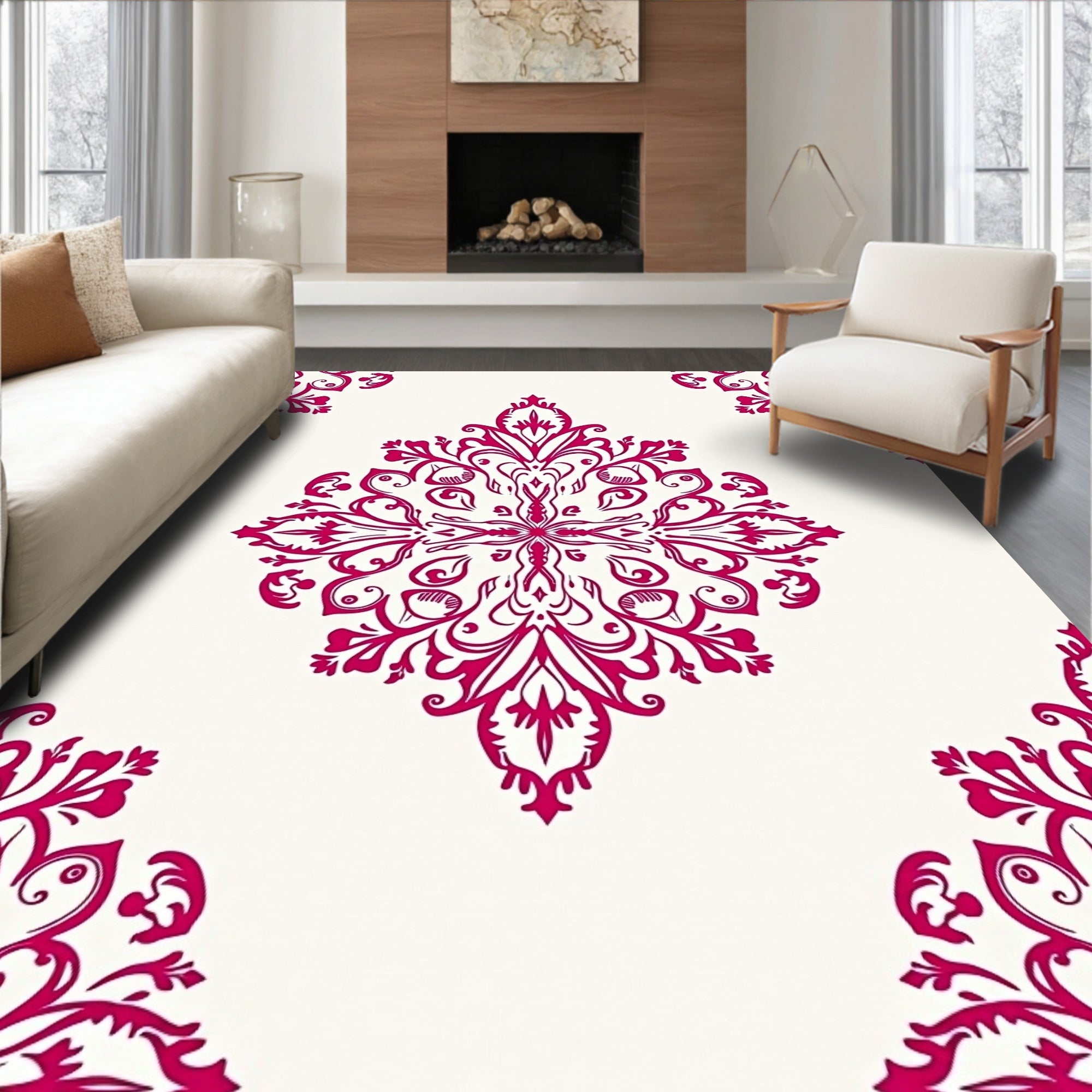 Crimson Floral Medallion on White Ground Rug