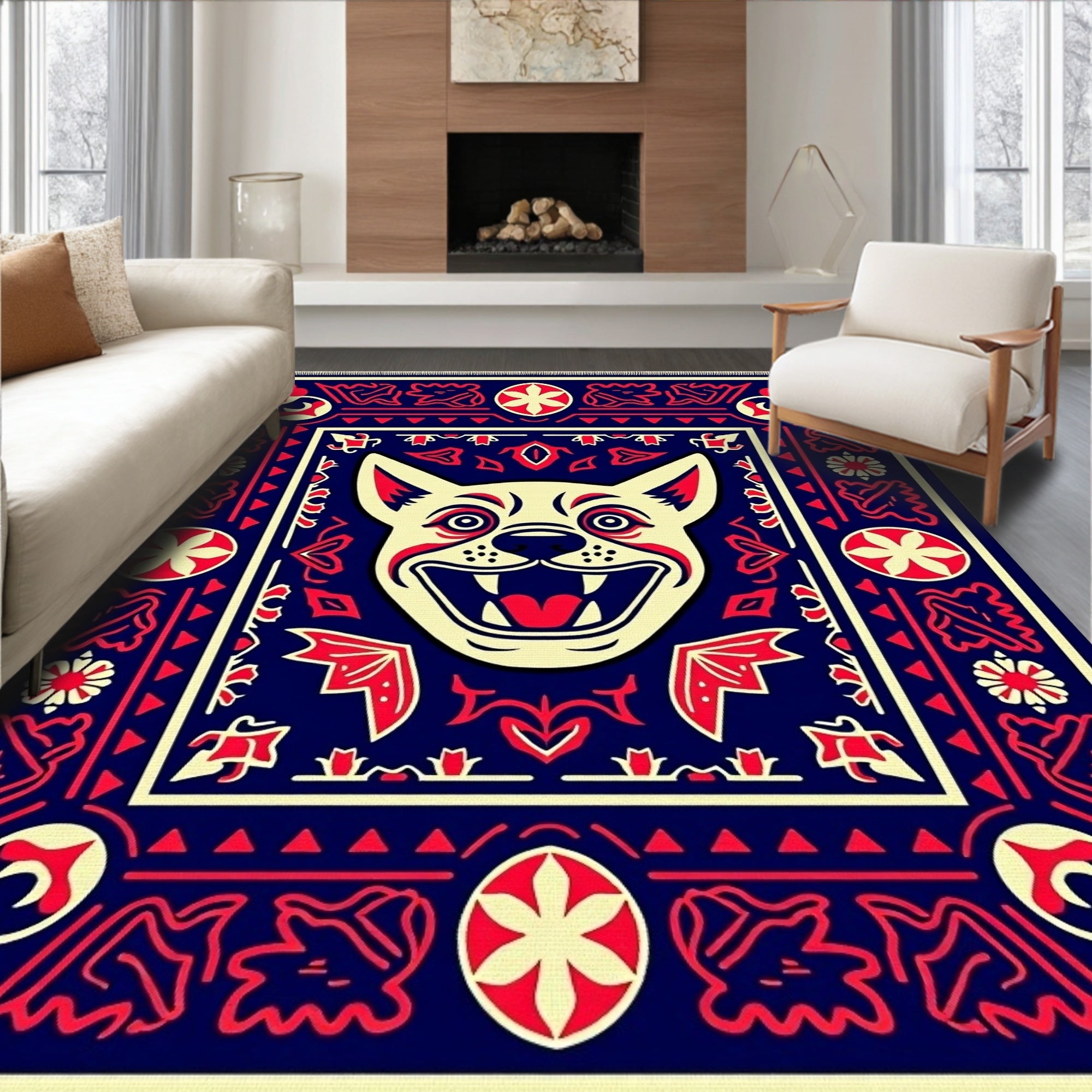 Radiant Red Blue Grinning Dog Rug