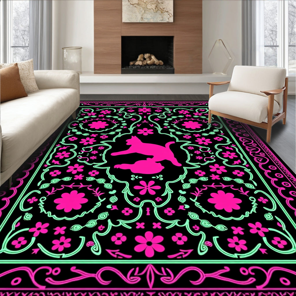 Vibrant Pink Mint Cat Floral Border Rug