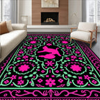 Vibrant Pink Mint Cat Floral Border Rug