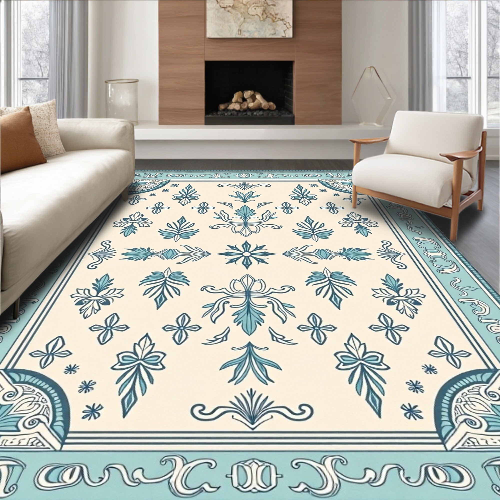 Ornate Teal Cream Floral Medallion Rug