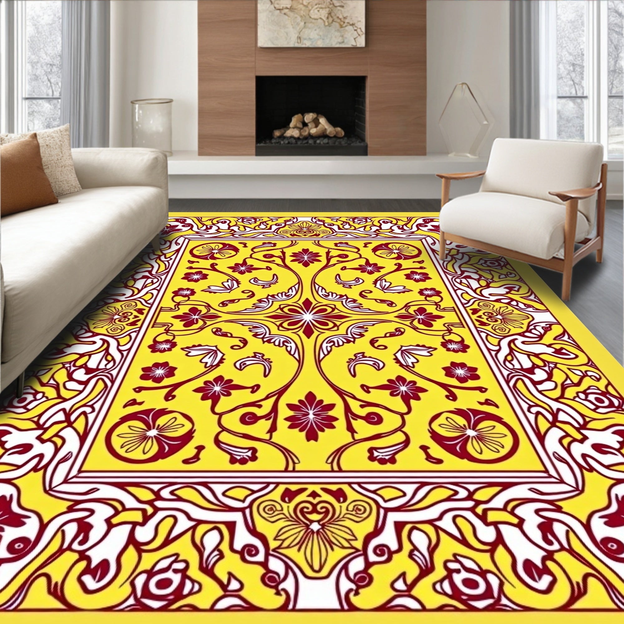 Vibrant Yellow Crimson Floral Border Rug