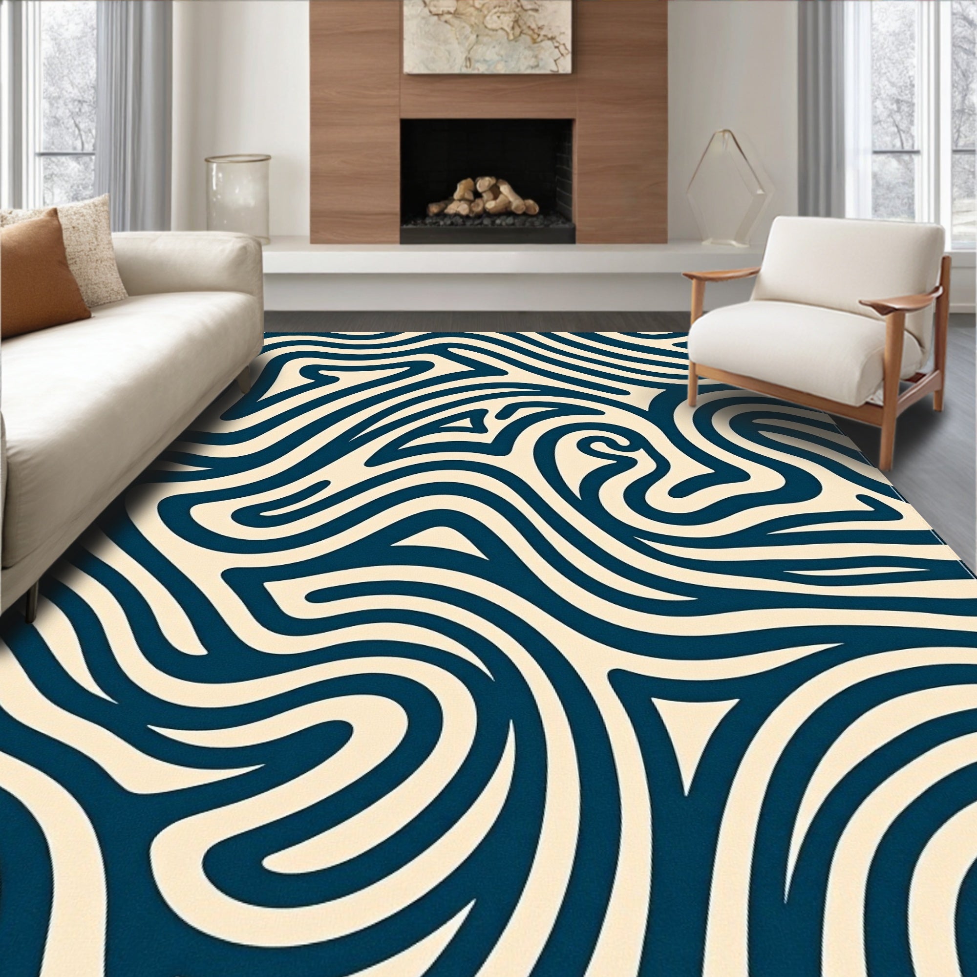 Deep Blue Abstract Swirl Cream Rug