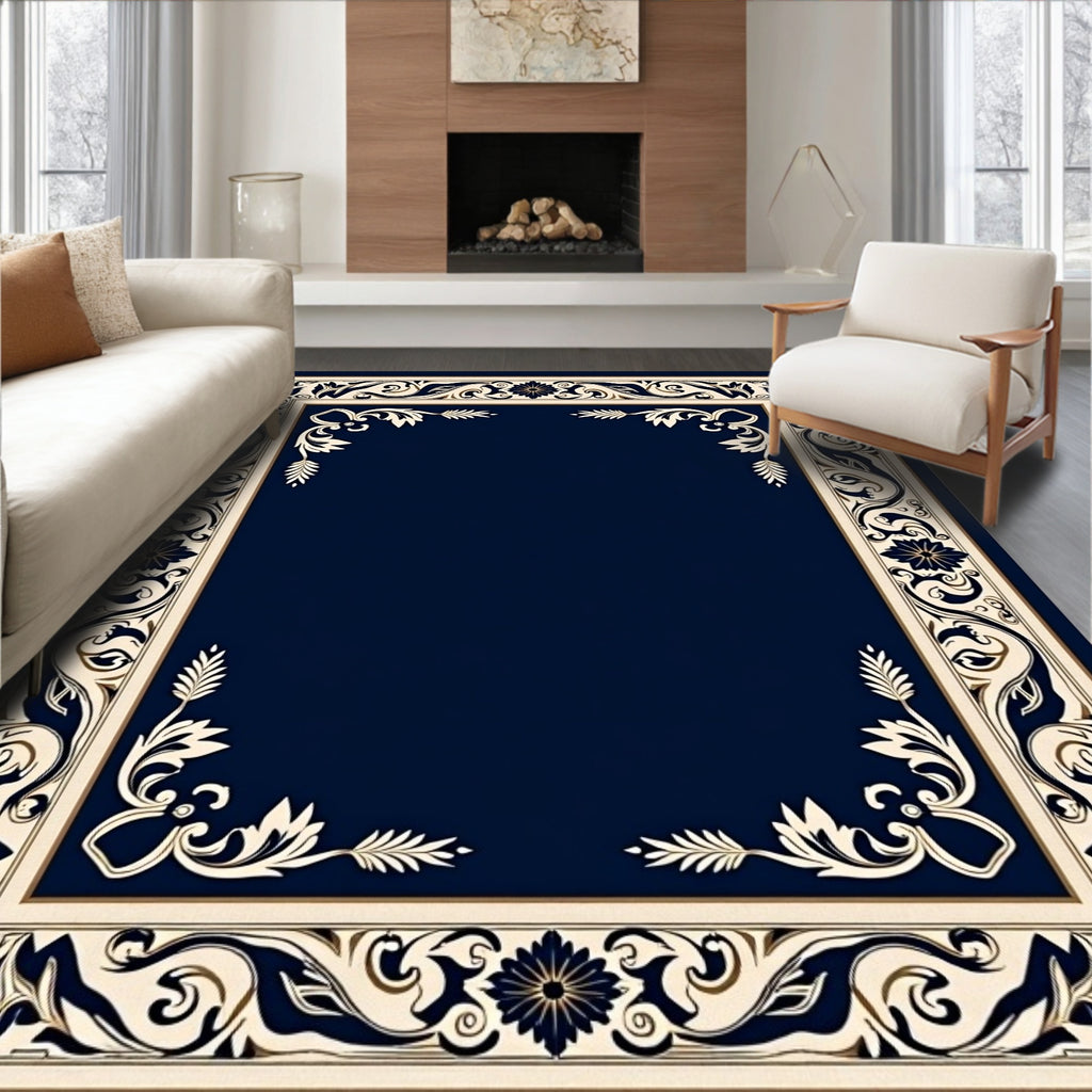 Deep Blue Ivory Floral Border Rug