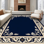 Deep Blue Ivory Floral Border Rug