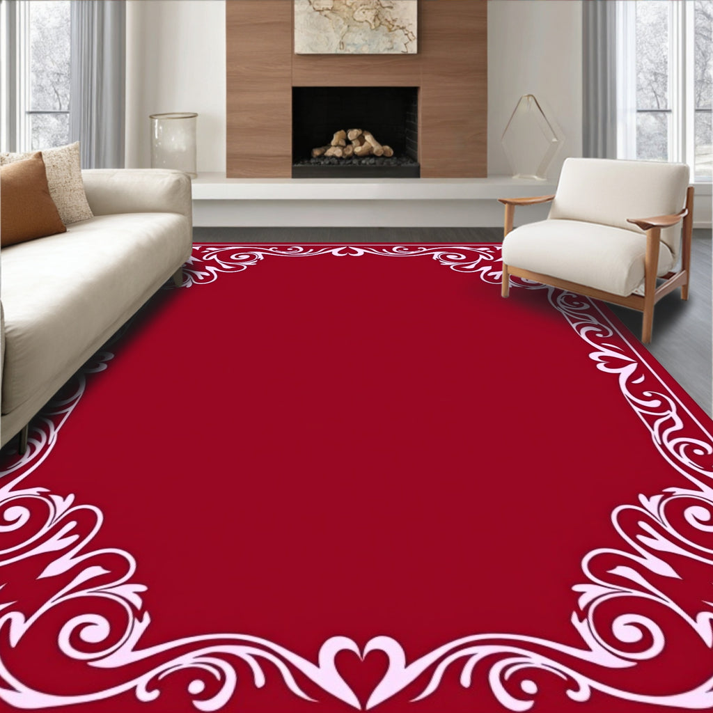 Crimson Vine Heart Scroll Border Rug