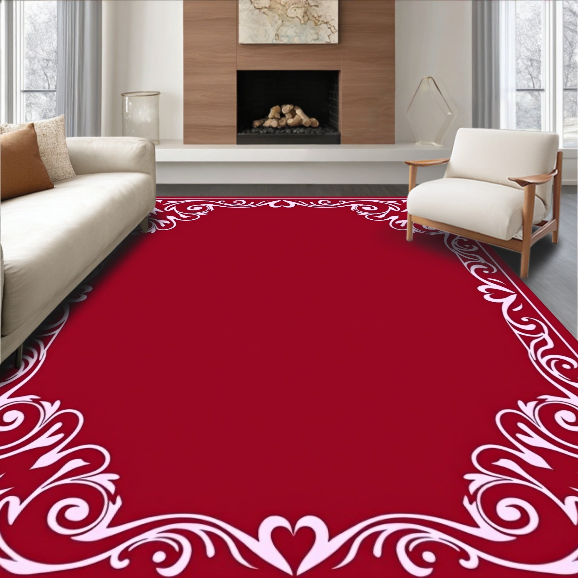 Crimson Vine Heart Scroll Border Rug