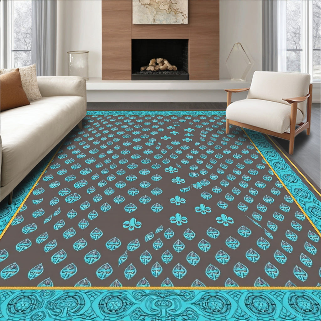 Turquoise Fleur de Lis Brown Border Rug