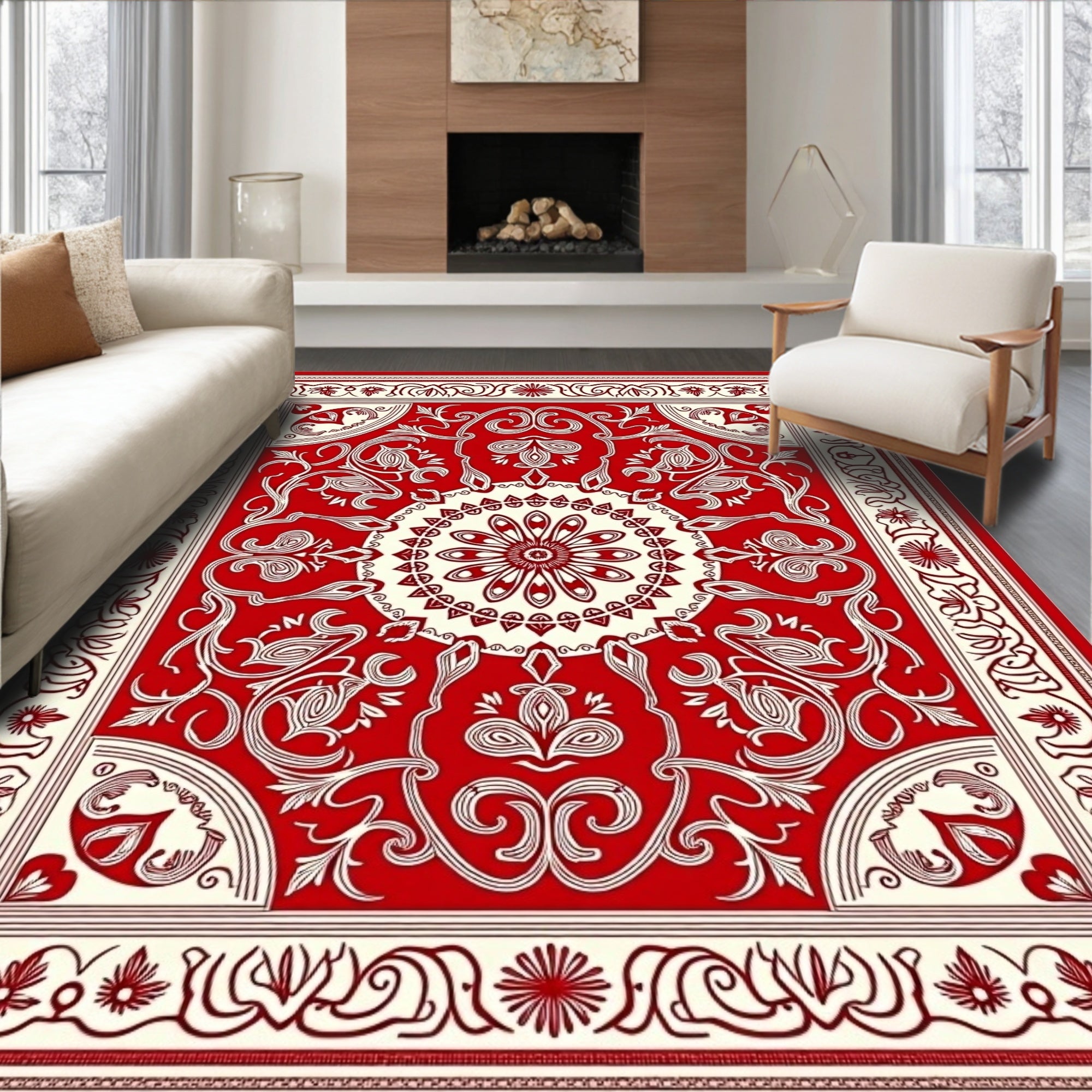 Crimson White Intricate Floral Medallion Rug