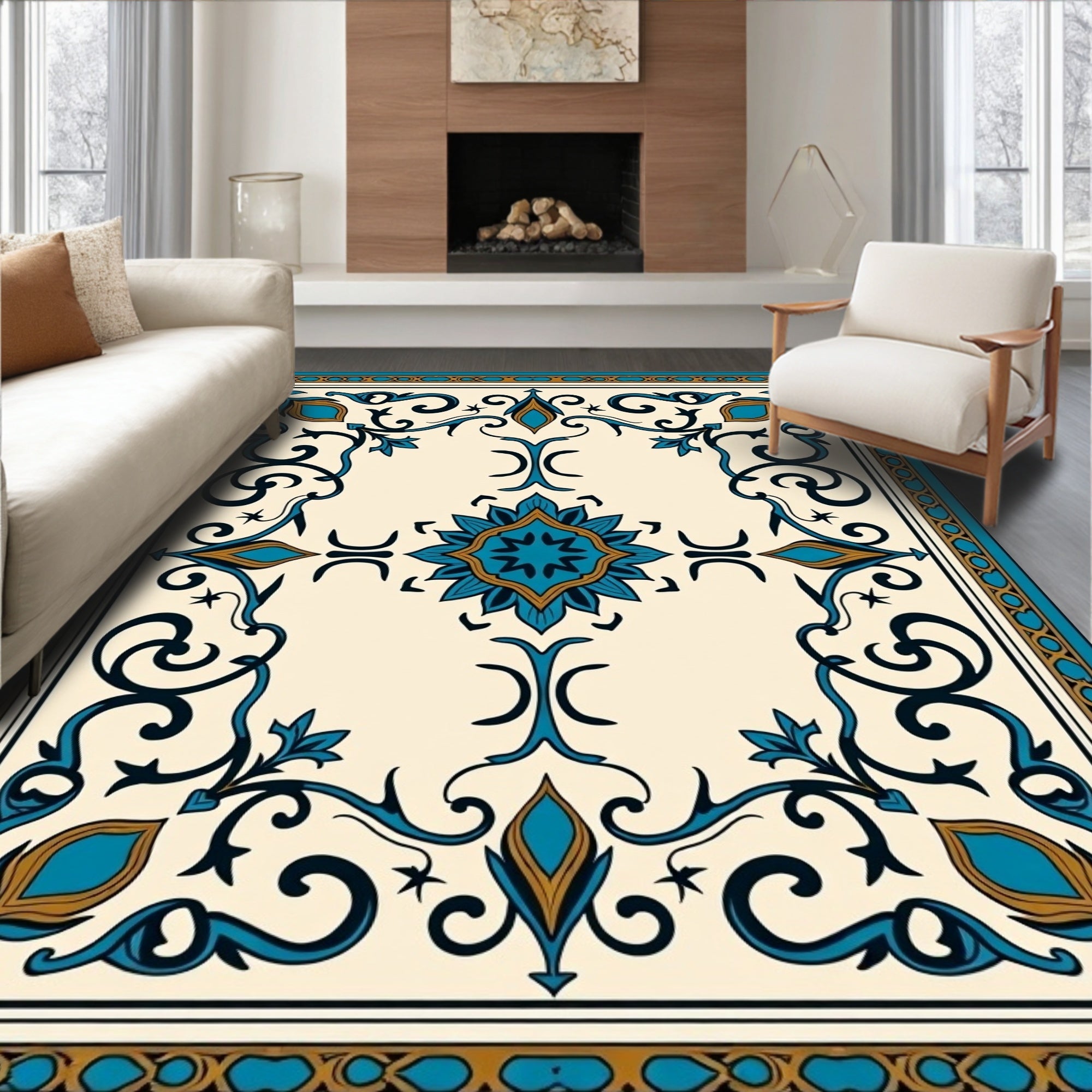 Turquoise Blue Floral Scroll Tiled Rug