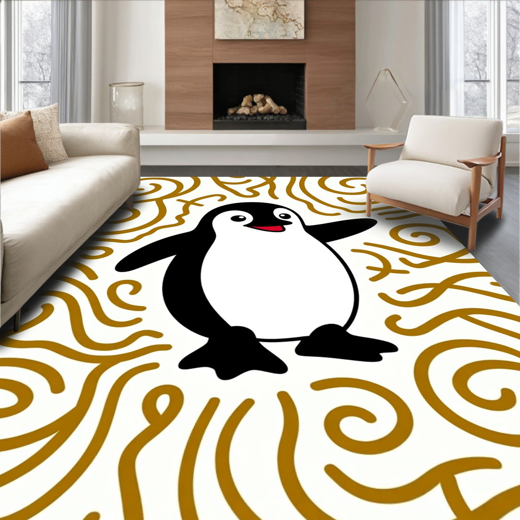 Playful Penguin Golden Swirls Rug