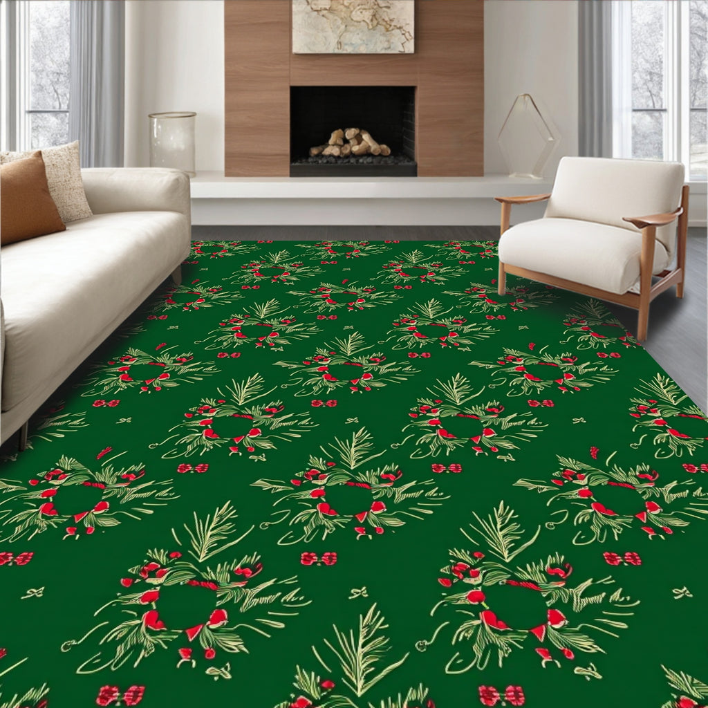 Crimson Bow Wreath Evergreen Repeating Rug