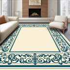 Teal Bordered Ivory Filigree Frame Rug