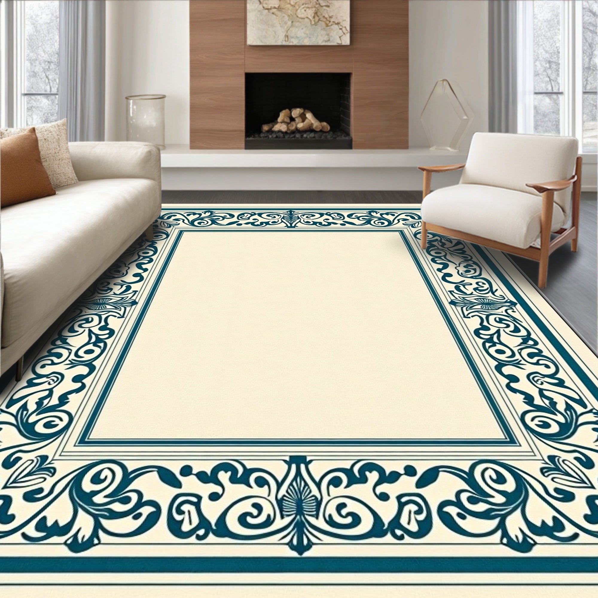Teal Bordered Ivory Filigree Frame Rug