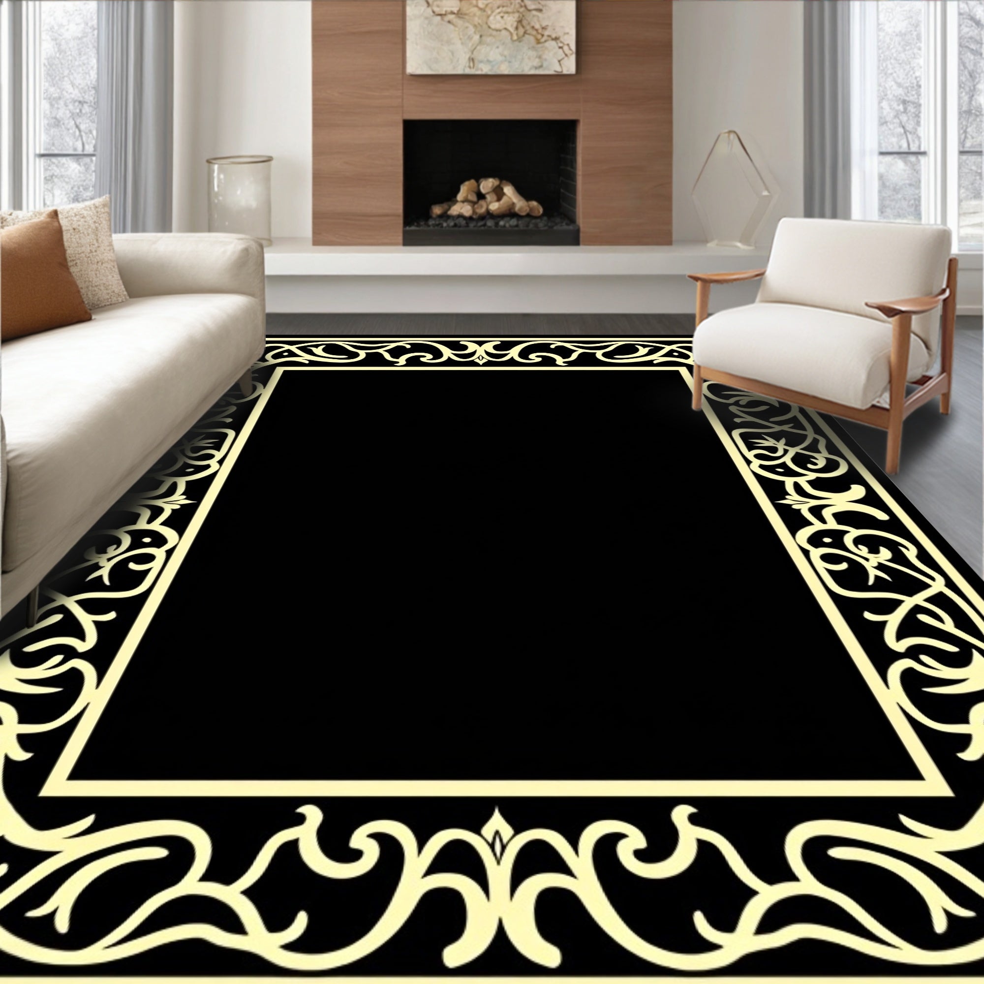 Ornate Cream Black Floral Border Rug