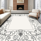 Elegant Black Outline Floral Scroll Frame Rug