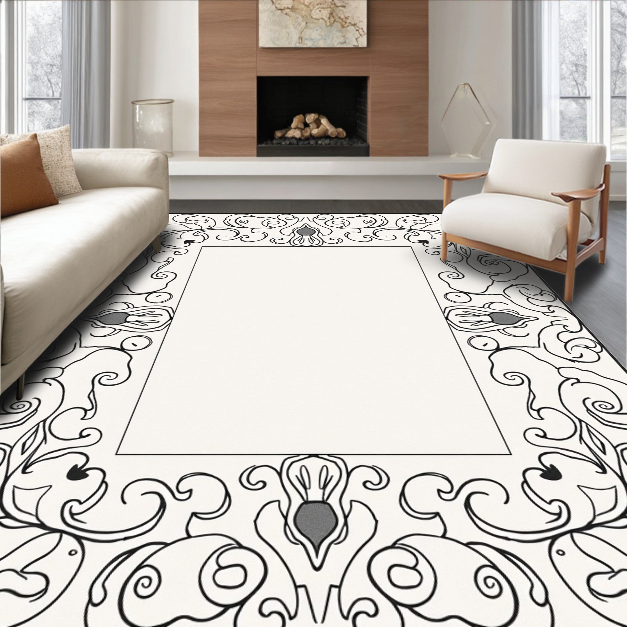 Elegant Black Outline Floral Scroll Frame Rug