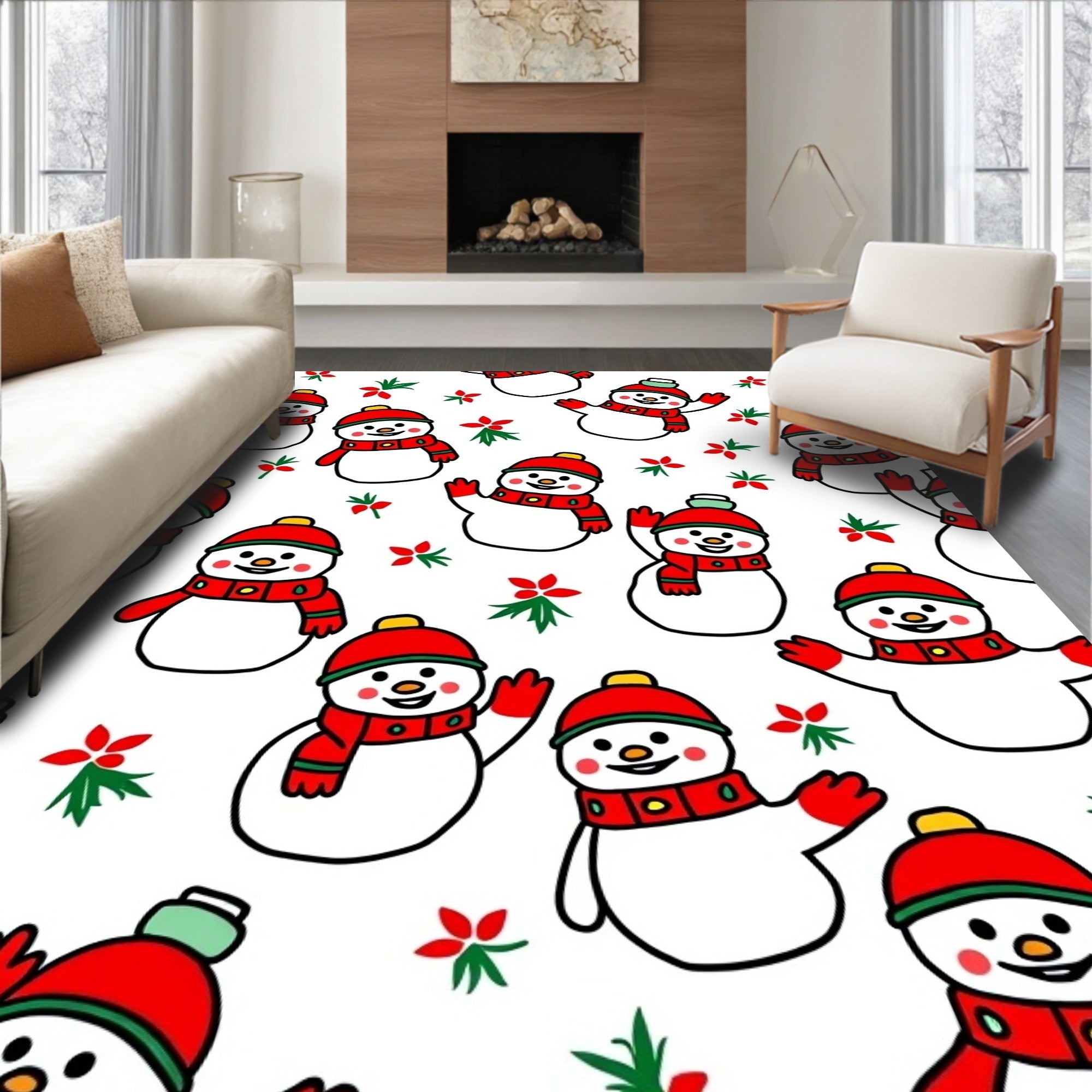 Festive Snowman Red Floral Yuletide Companions Rug
