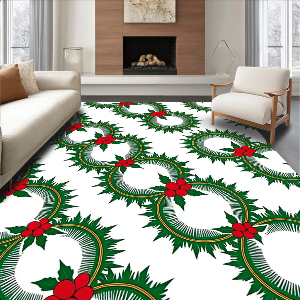 Green Holly Red Berry Wreath Circular Rug