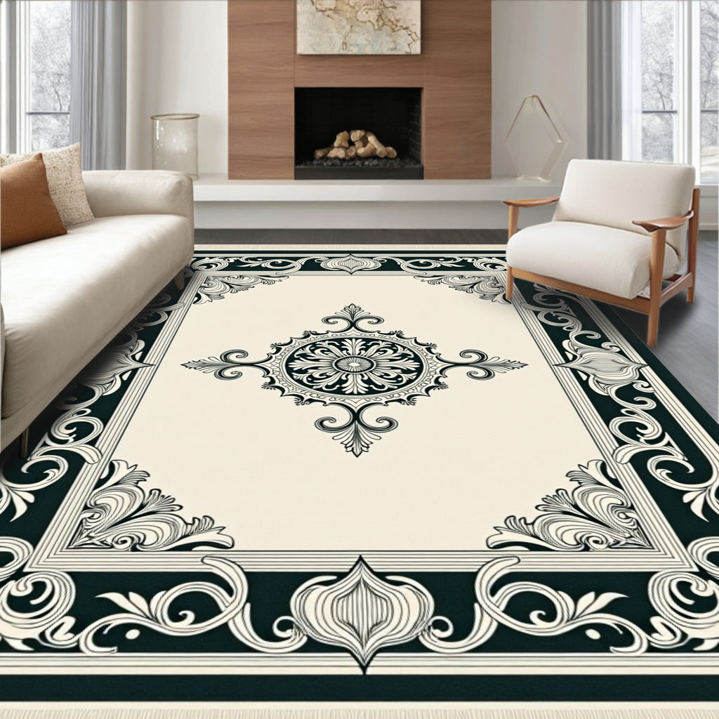 Classic Black Cream Medallion Border Rug