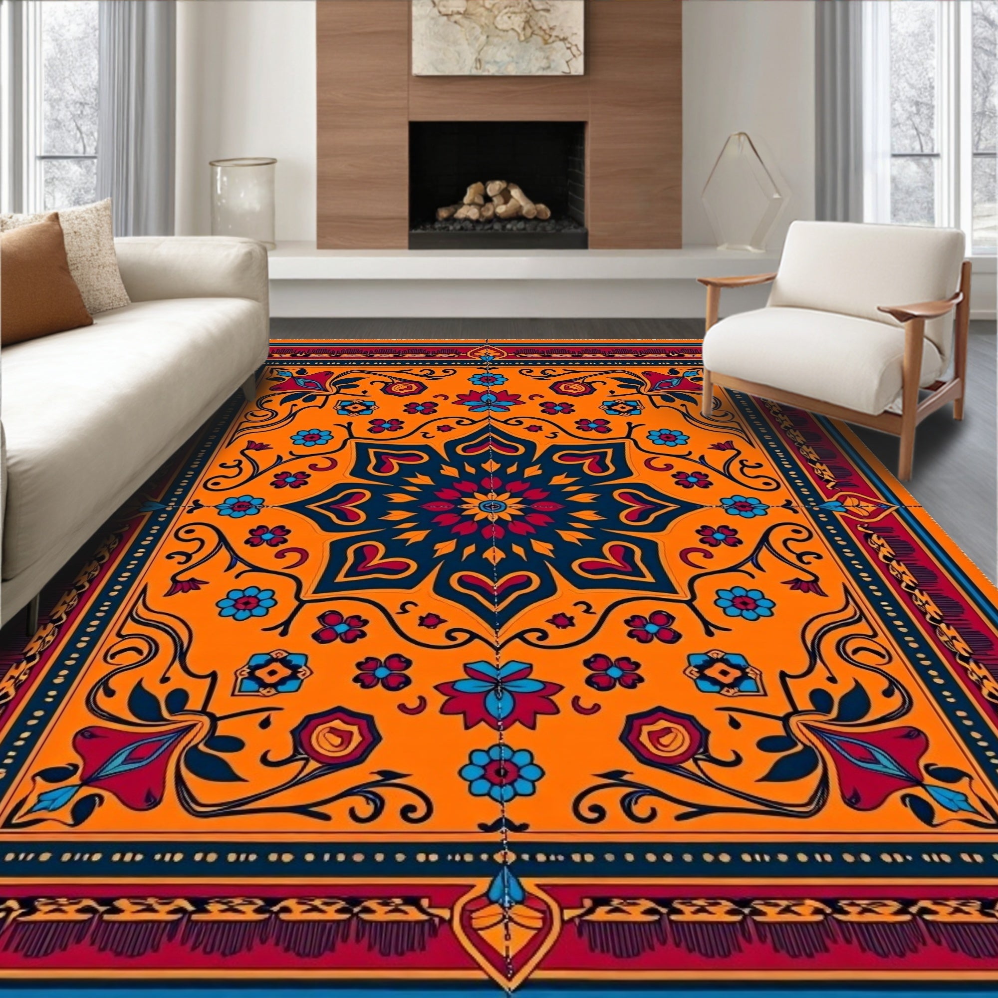 Bold Scarlet Blue Blooming Medallion Rug