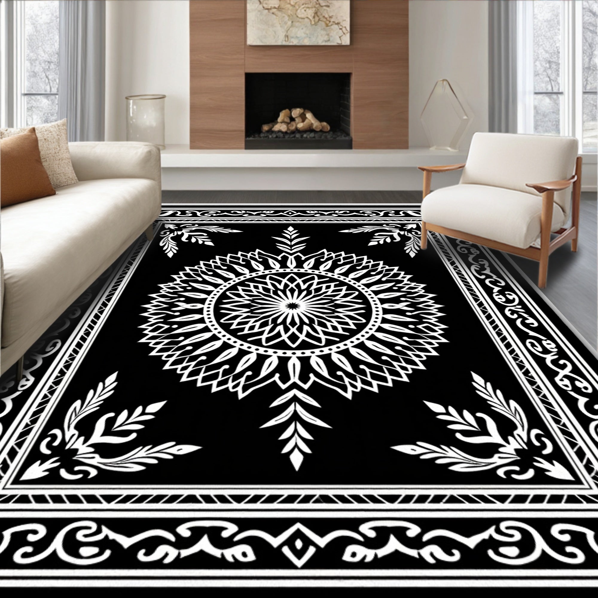 Classic Black White Medallion Floral Rug