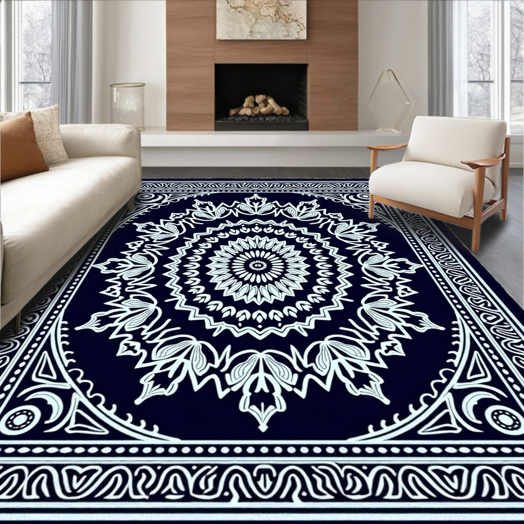 Midnight Blue Floral Medallion Border Rug