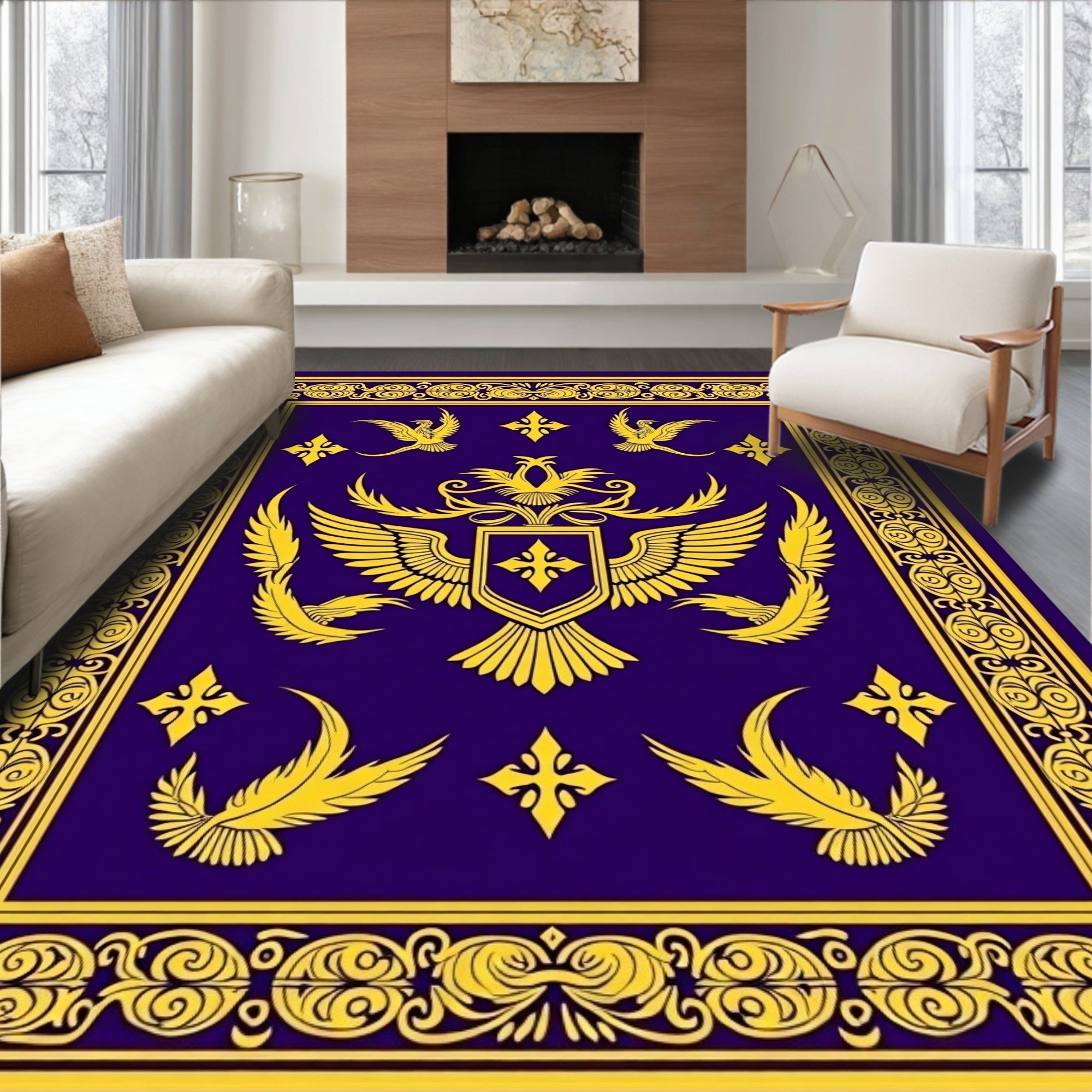 Majestic Gold Winged Crest Royal Blue Rug