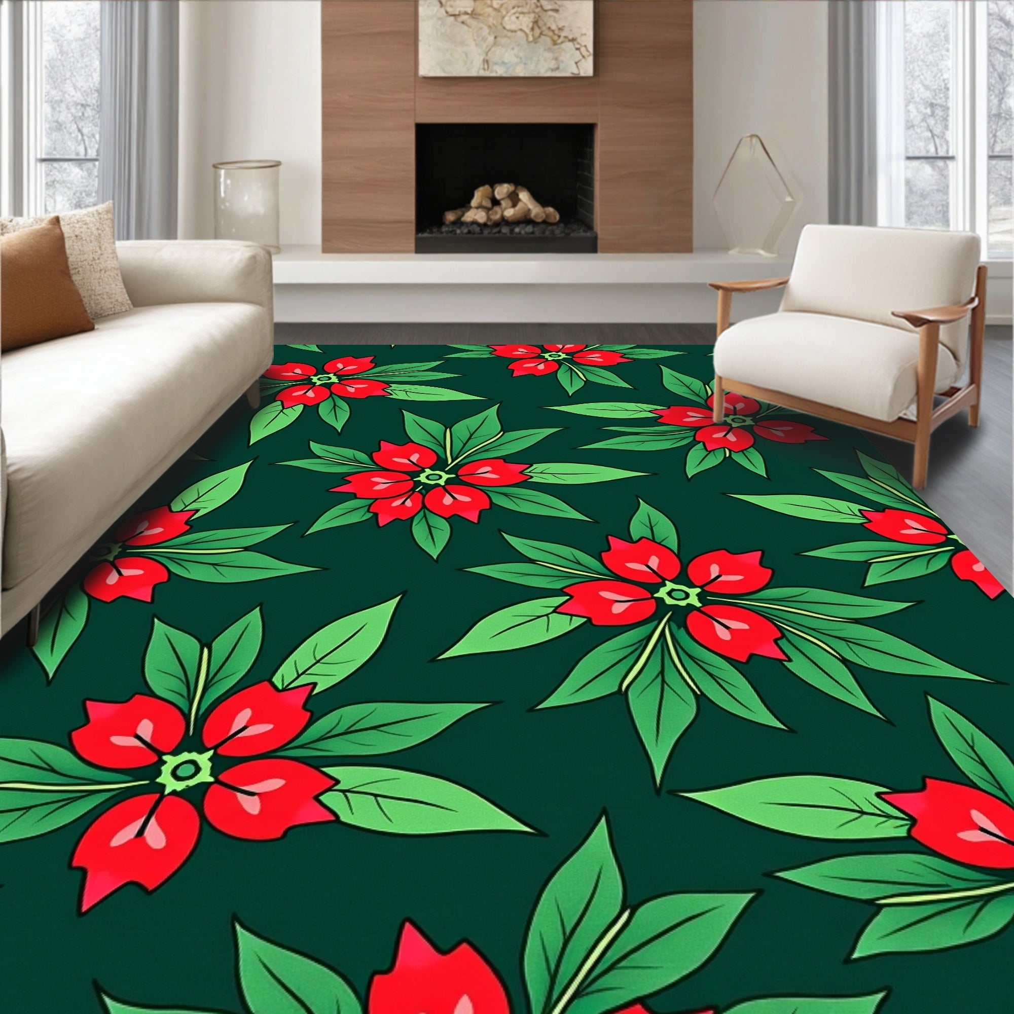 Emerald Green Red Floral Overlay Rug