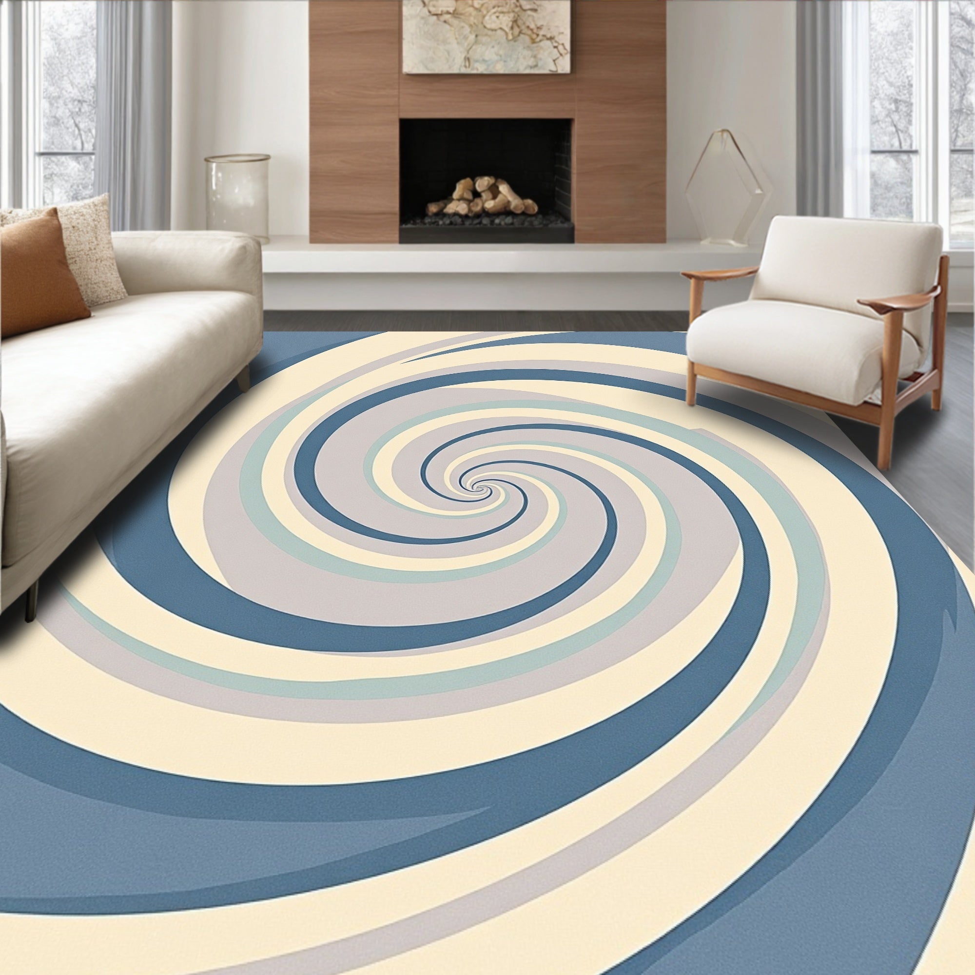 Retro Blue Swirling Spiral Rug