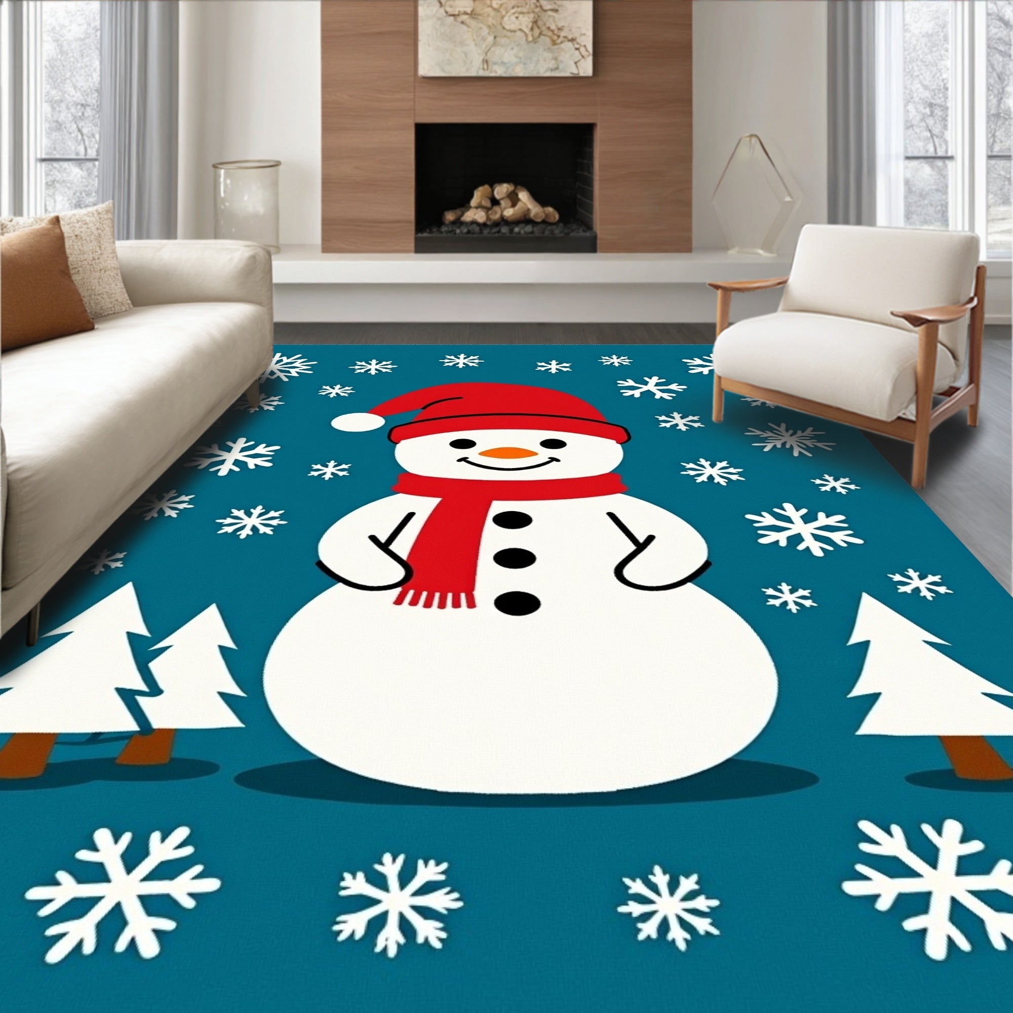 Festive Snowman Christmas Trees Snowflakes Rug