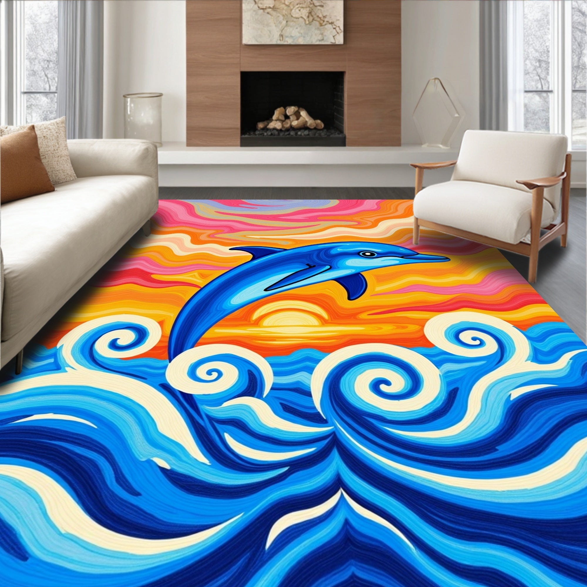 Vibrant Blue Dolphin Sunset Wave Rug