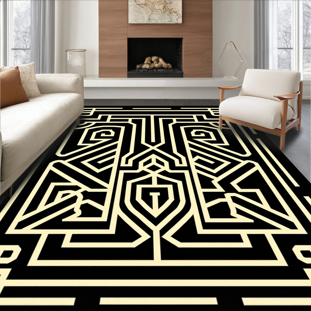 Cream Black Geometric Maze Rug