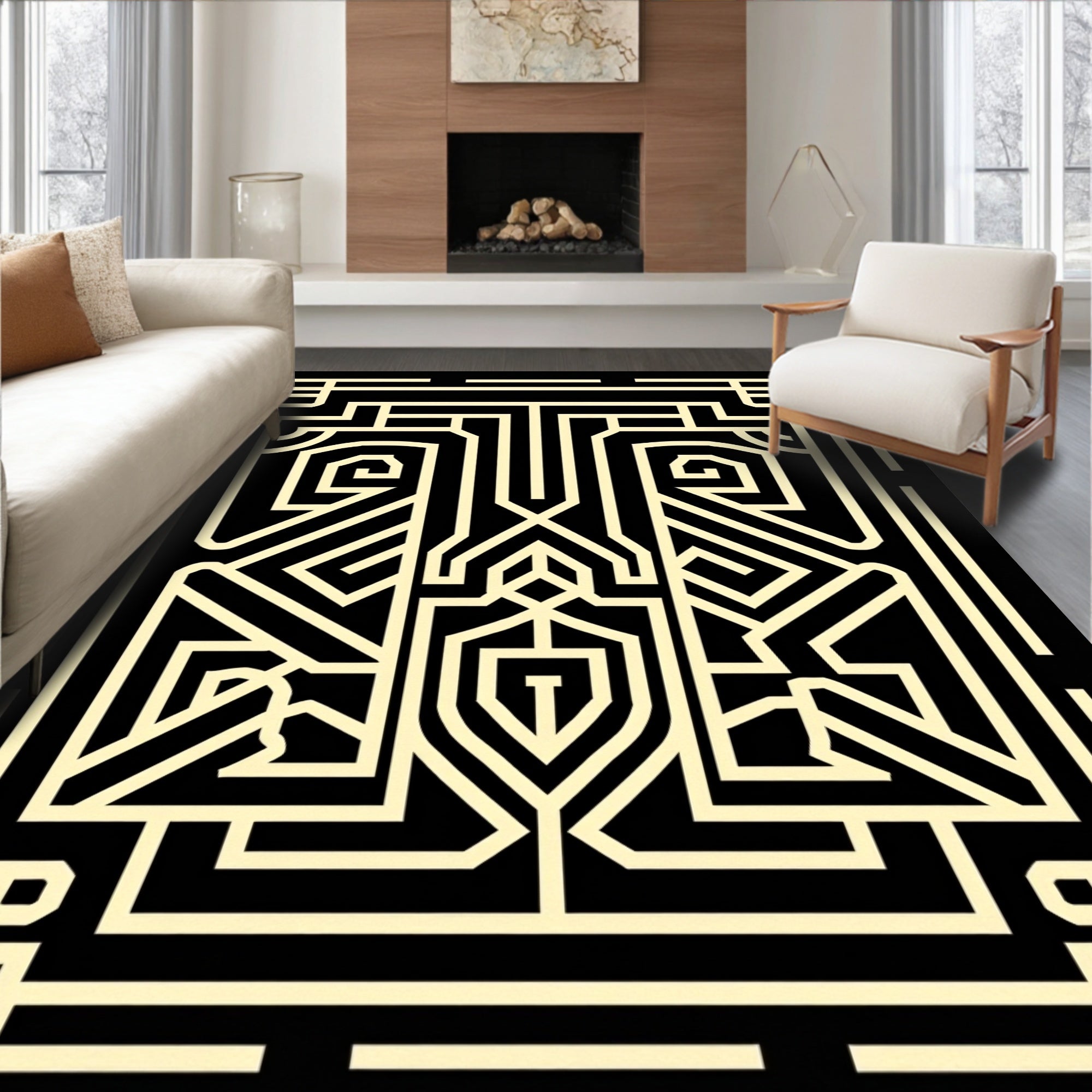 Cream Black Geometric Maze Rug