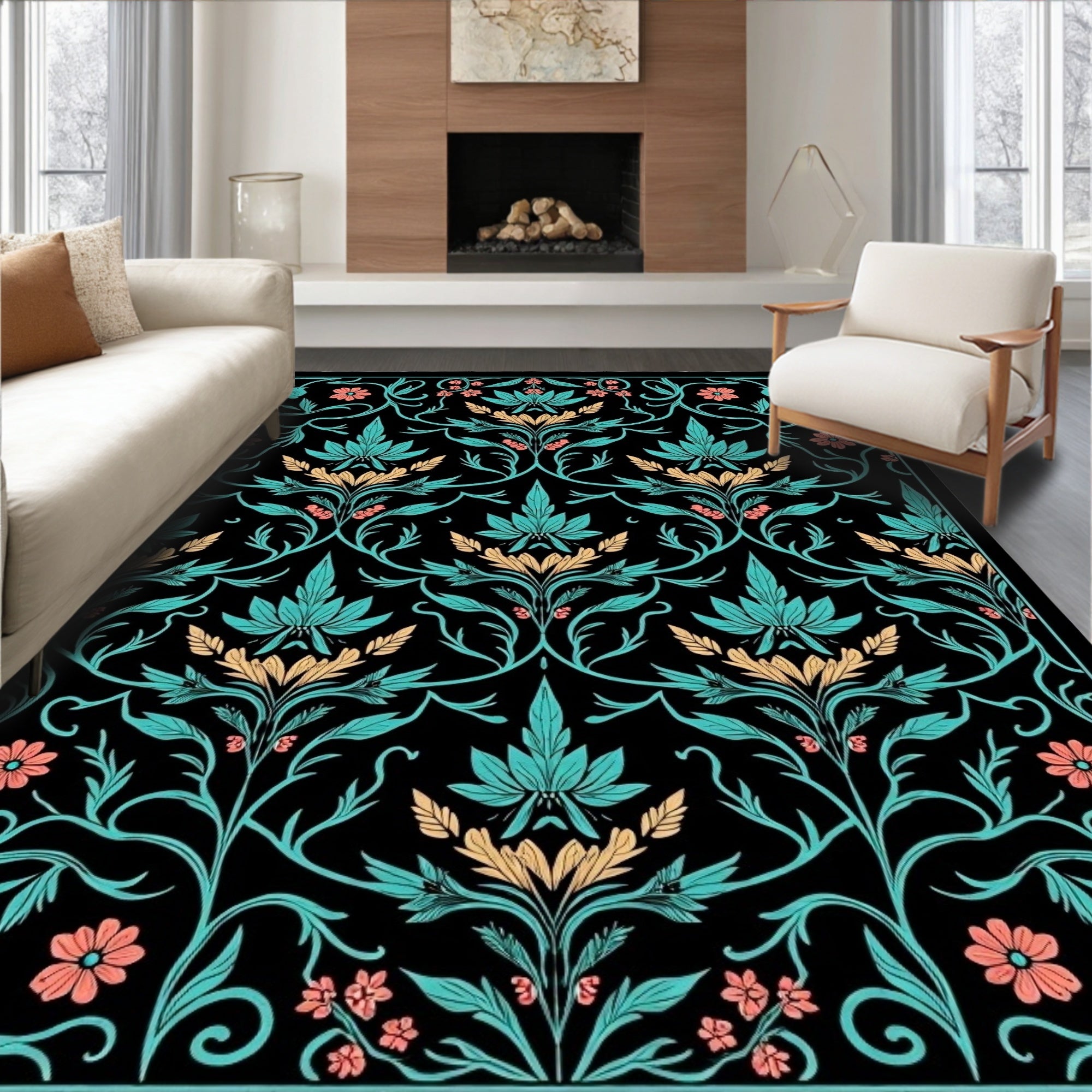 Teal Coral Floral Vine Art Nouveau Rug