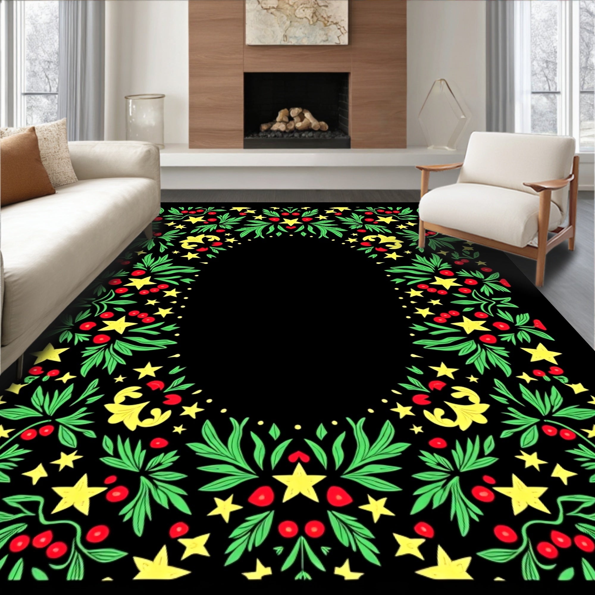 Folksy Green Berry Star Garland Rug
