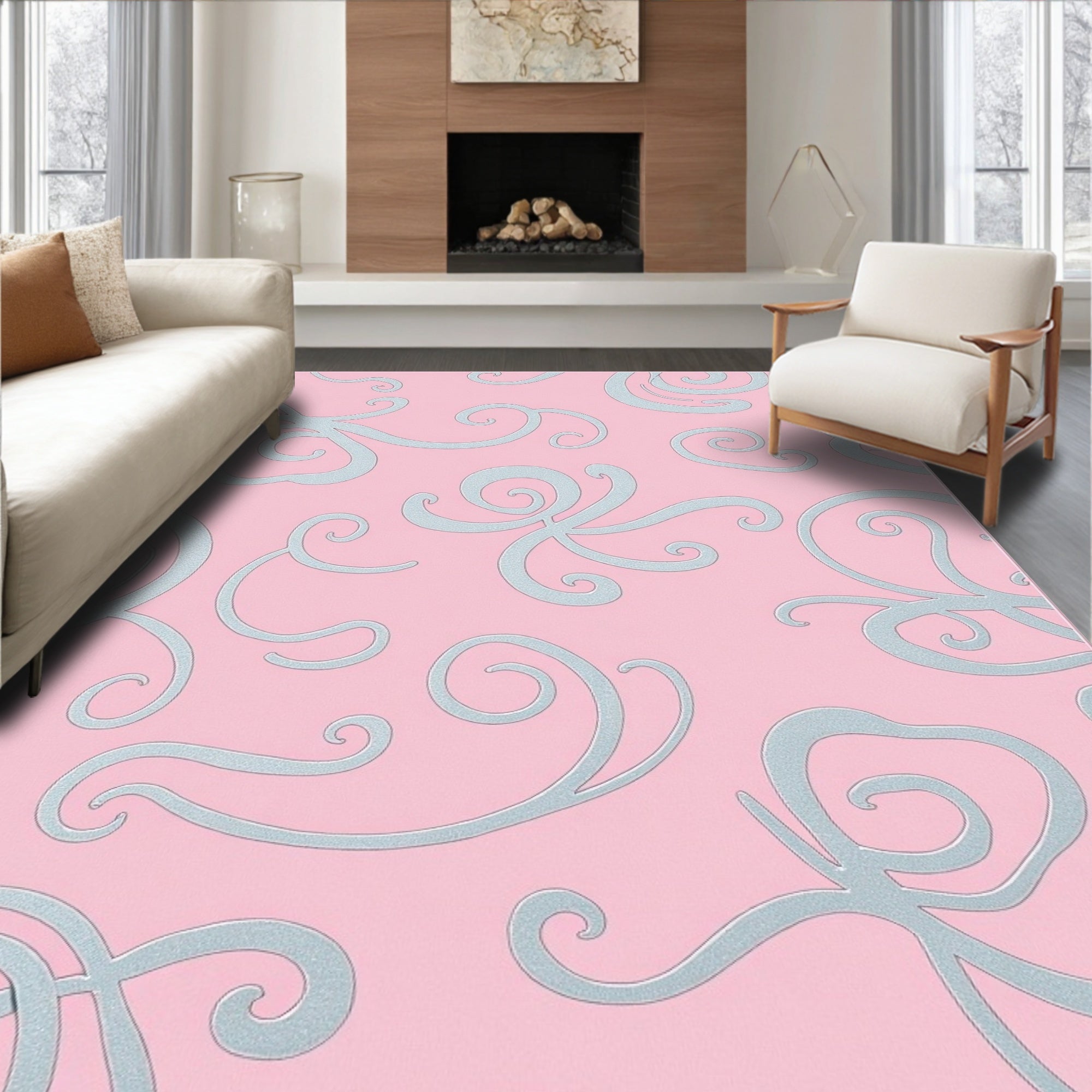 Pastel Pink Swirls Calligraphy Elegant Rug