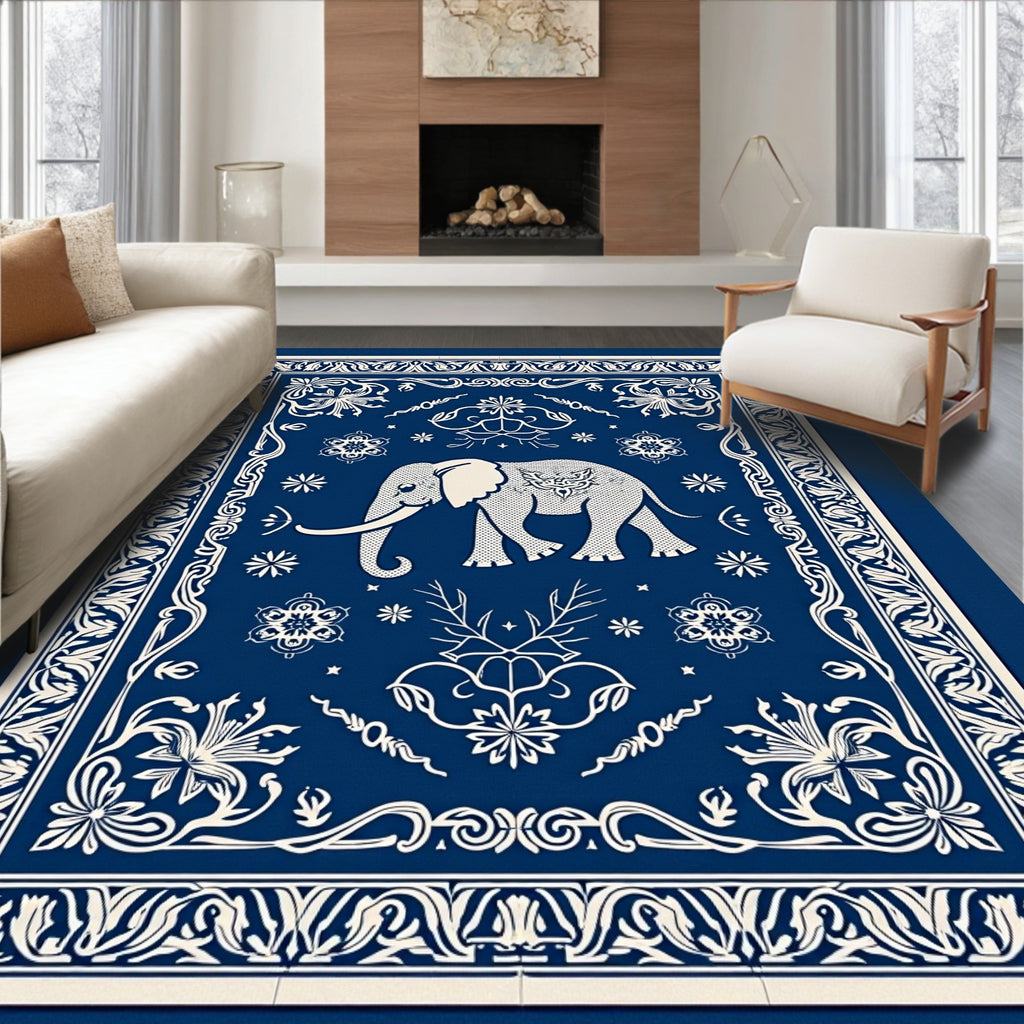 Navy Blue Elephant Floral Border Rug