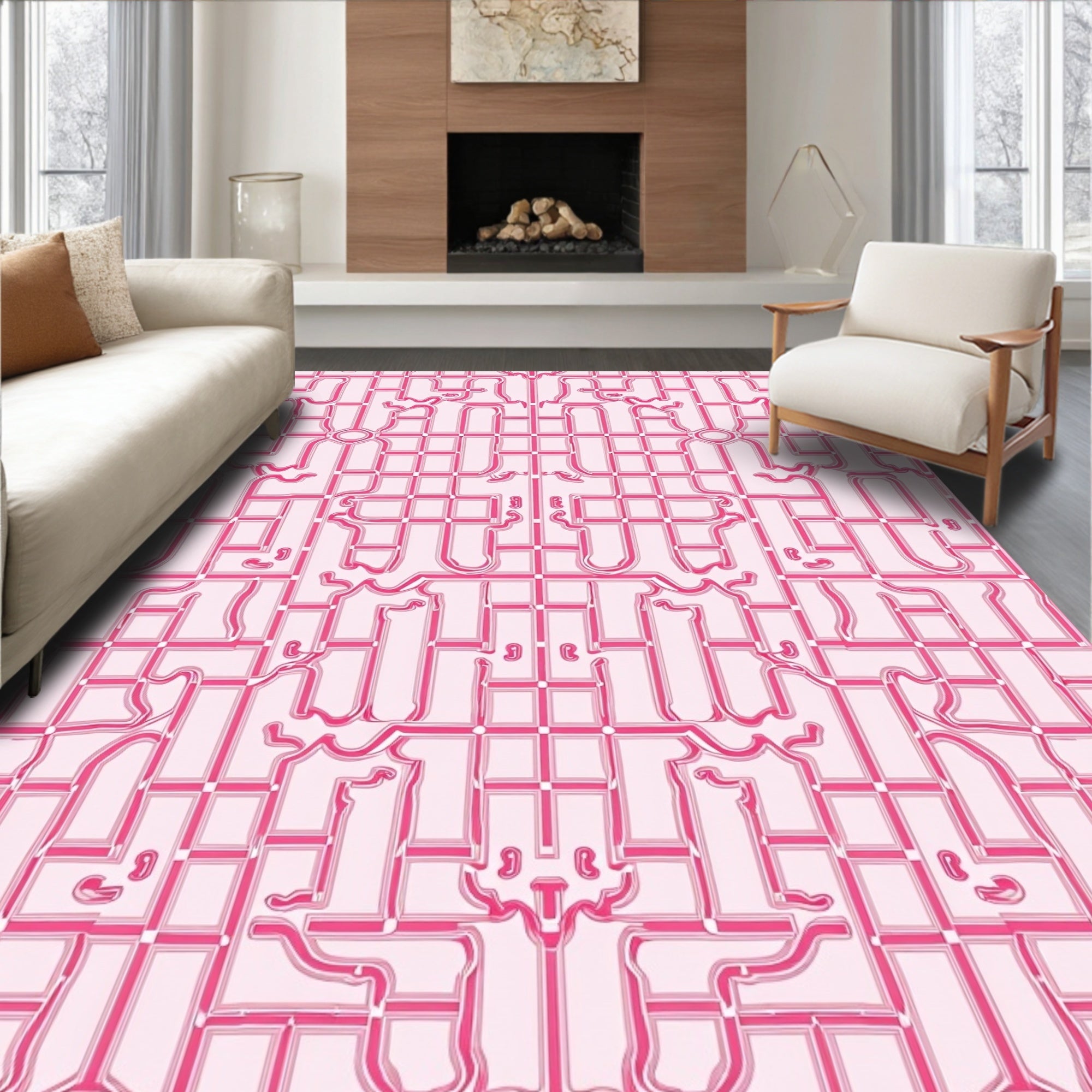 Pink Abstract Geometric Grid Layout Rug
