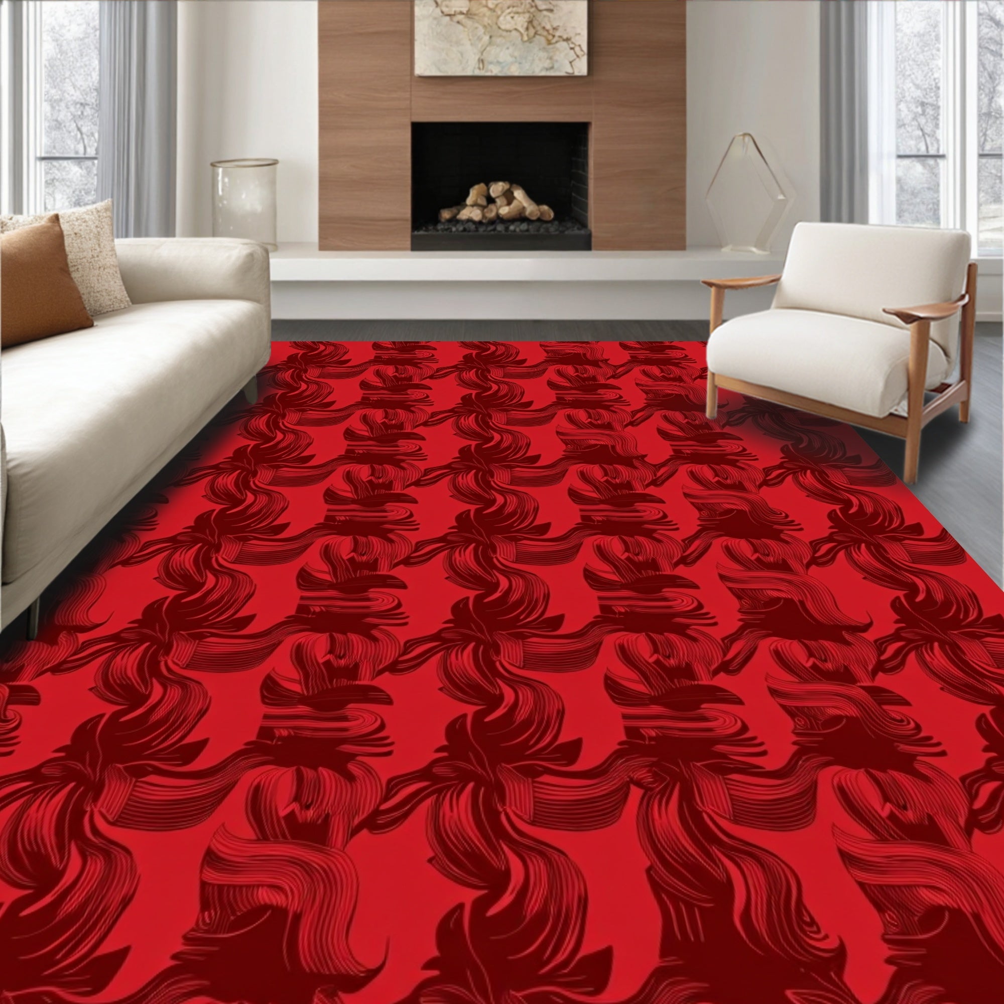 Crimson Abstract Floral Swirl Rug