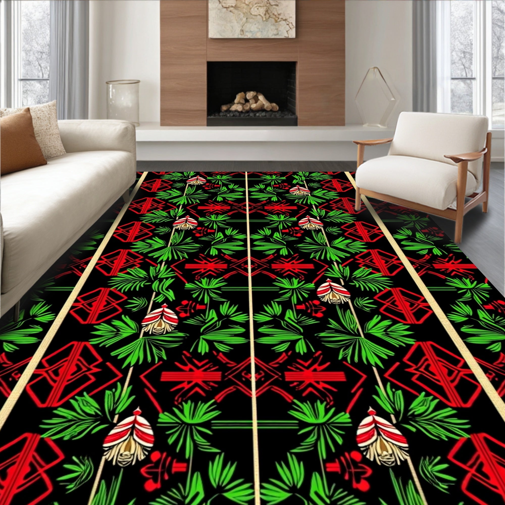 Emerald Green Red Black Geometric Bloom Rug