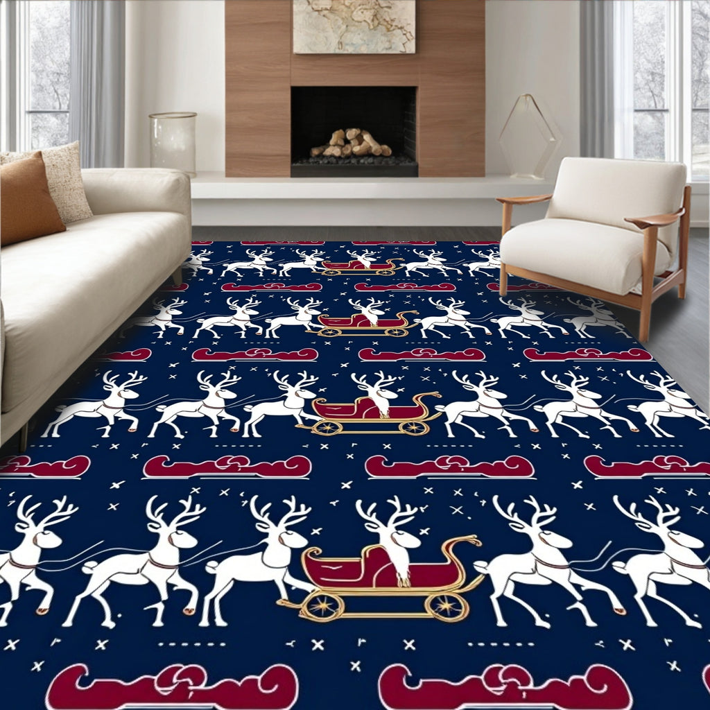 White Reindeer Sleigh Navy Blue Holiday Rug